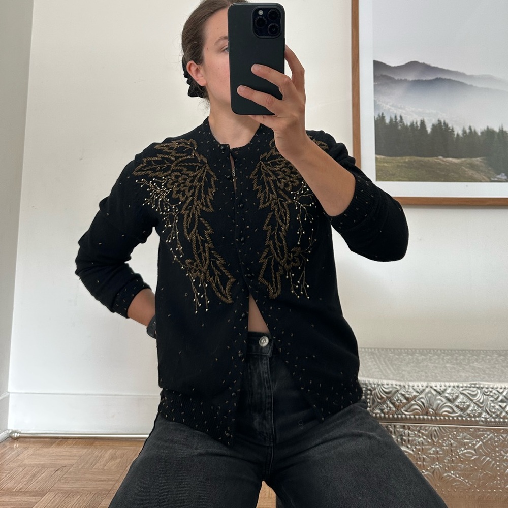 Black Cardigan with Gold Embroidery